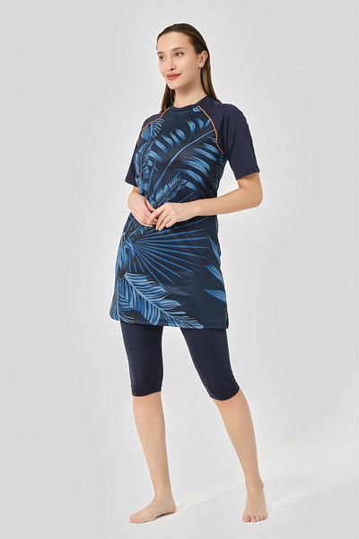 ALFASA Quick Dry Patterned Raglan Oversize Half Sleeve Semi Covered Hijab Swimsuit Navy Blue - 2470
