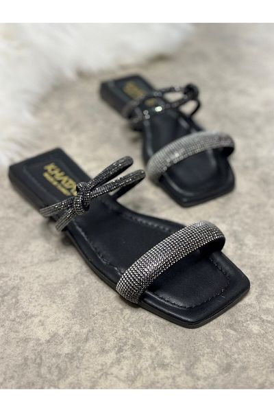 Nstil Daily Women's Black Slippers Single Strap Stone Low Heel Blunt Toe Comfortable Sole Lightweight 09