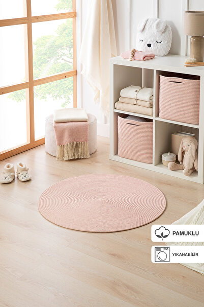 Ocean Home Textile Yıkanabilir Pembe Kırçıllı Pamuklu Halı Kilim 80 Cm Çap