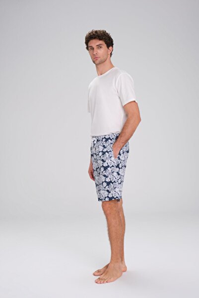 Haşema Desenli Lacivert Beyaz Kısa Erkek Havuz ve Deniz Şortu 24-29