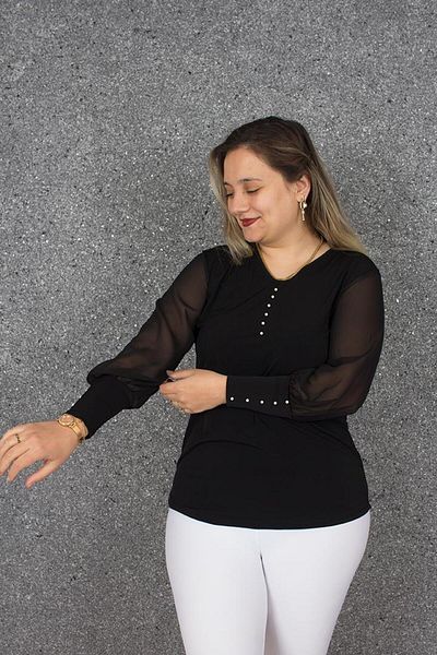 Truva XXL Plus Size Pearl Sleeve Tulle Blouse Black B079
