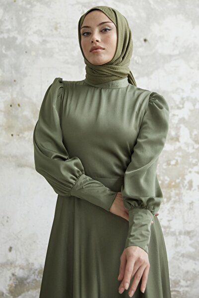 InStyle Sleeve Zippered Satin Dress - Khaki
