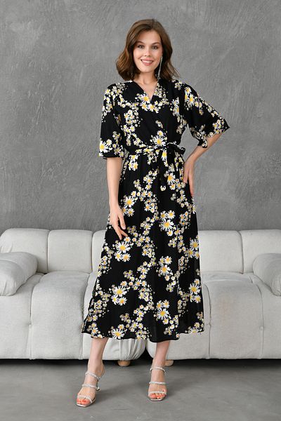 lovebox Damen-Kleid aus dehnbarem Viskosestoff mit Gänseblümchenmuster, zweireihiger Kragen, Midi-Länge, Gürtelkleid 098