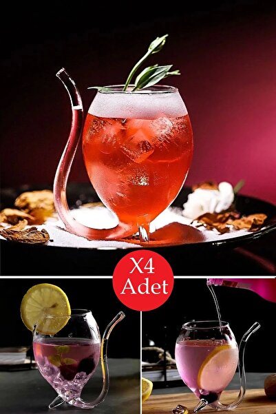 Rosemor 4'lü Pipetli Stil Bardak Flüt Dekor Soğuk Sıcak Meşrubat Kokteyl Bardağı Dayanıklı Cam Bardak