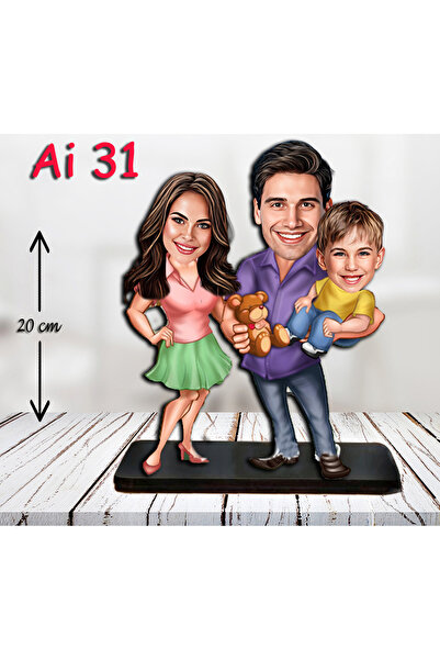 Özcan Tasarım Kişiye Özel Ahşap Biblo - Aile Karikatür Biblo - 3 Kişilik Aile...