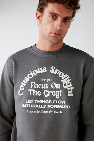 GRIMELANGE Flow Men's Soft Fabric Regular Fit Round Collar Printed Gray Sweatshirt