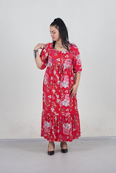 Truva XXL Plus Size Long Pleated Capri Sleeve Floral Print Dress Red Elb618