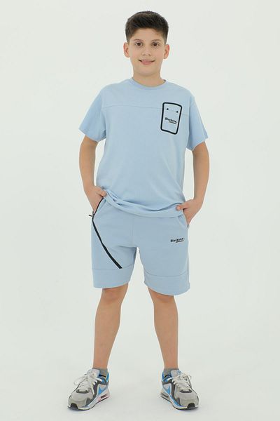 Black One Set dublu tricou și pantaloni scurți cu detaliu cu imprimeu pentru băiat cu decolteu