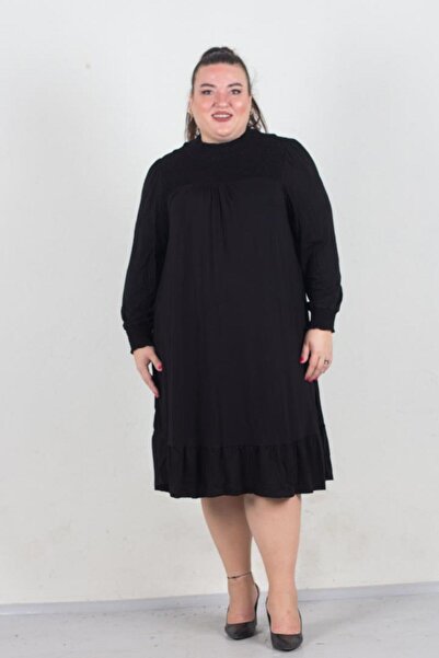 Truva XXL Φόρεμα με μακρύ μανίκι πλισέ χτενισμένο από βαμβακερό χτένισμα μαύρο Elb599