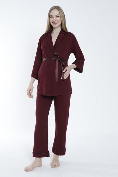 Miss Dünya Lissa Pregnant and Maternity Pajamas Set with Front Tie and Large Stripe Collar