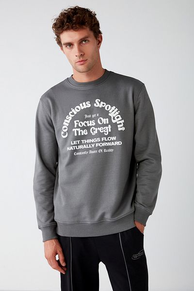 GRIMELANGE Flow Men's Soft Fabric Regular Fit Round Collar Printed Gray Sweatshirt