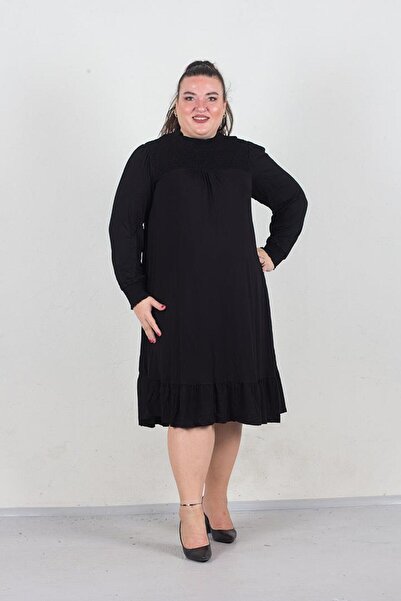 Truva XXL Φόρεμα με μακρύ μανίκι πλισέ χτενισμένο από βαμβακερό χτένισμα μαύρο Elb599