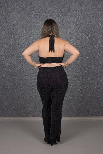 Truva XXL Large Size Backless Style Glitter Jumpsuit Black T179