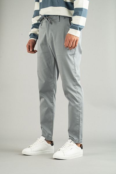bombe Men's Gray Side Pocket Belted Elastic Laced Double Leg Slim Fit Jogger Trousers