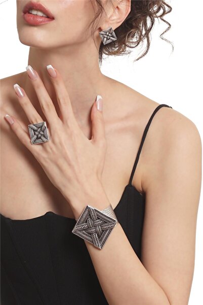 LABALABA Kadın Antik Gümüş Kaplama Örgü Dokulu Geometrik Tasarım Küpe &Yüzük &Bilekik Set