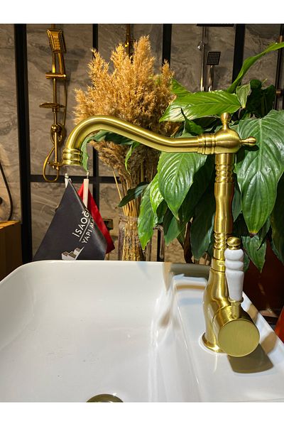 İSAOĞLU YAPI Matte Gold Kitchen Faucet Matte Gold Sink Tap Special Design Vintage Fixture Matte Gold