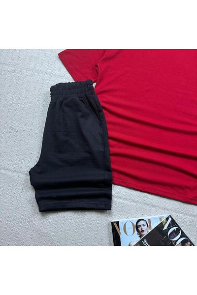 khufu Oversize Red Relaxed Fit T-shirt Black Shorts and Sweatpants 3-Piece Set Unisex