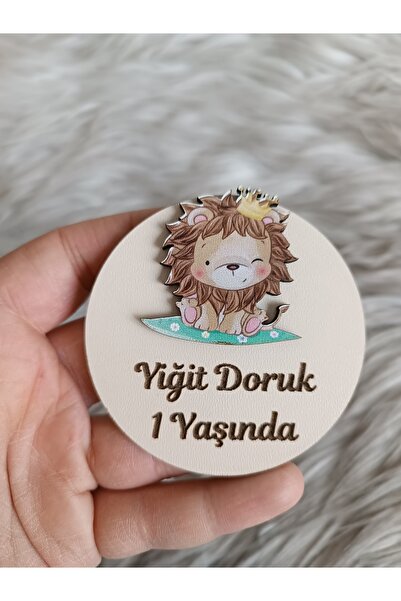 doğrukan Altı yeşillikli aslan figürlü ahşap yenidoğan doğum günü magnet hedi...