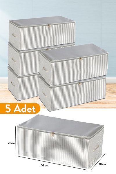 Serstil 5 Pieces - Small Size Printed Detailed Anthracite Striped Storage Bag 52 X 28 X 21 Cm