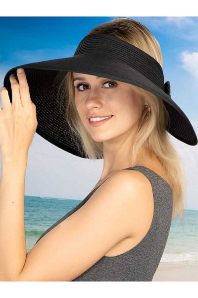 Mood Agenda Women's Wide Brim UV Protection Bow Straw Visor Hat