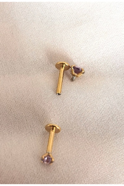 Bylin %100 316 L Cerrahi Çelik Mor Tek Taş Dudak/Kulak Piercing Takısı (Bar uzunluğu 6mm) -1 Adet