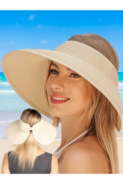 Trenderrs Women's Wide Brim UV Protection Bow Straw Visor Hat
