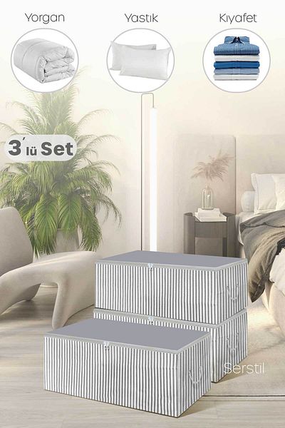 Serstil 3 Pieces - Mini Size Printed Detailed Anthracite Striped Storage Bag 30 X 22 X 18 Cm