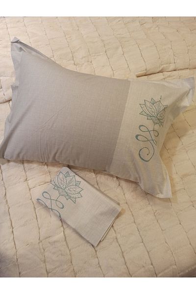 ŞENER HOME 50X70 cm Line Blue Gray Floral Cotton Poplin Flounced 2-Piece Hobby Pillow Case