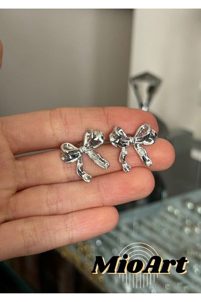 MioArt Women's Mini Trend Ribbon Bow 2 Cm Silver Earrings