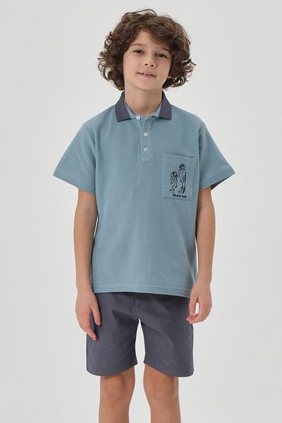 Black One Set de pantaloni scurți de tricou cu gât polo cu imprimeu din bumbac pentru băieți