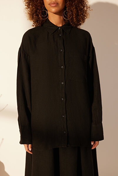 Trendyol Collection Black 100% Linen Oversize Shirt TWOSS23GO00443