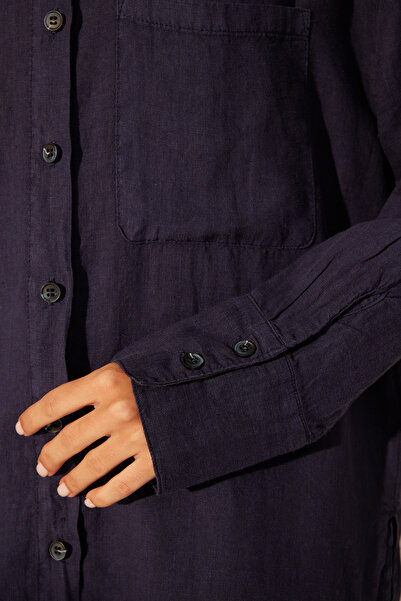 Trendyol Collection Námořnická modrá 100% lněná oversize košile TWOSS24GO00118