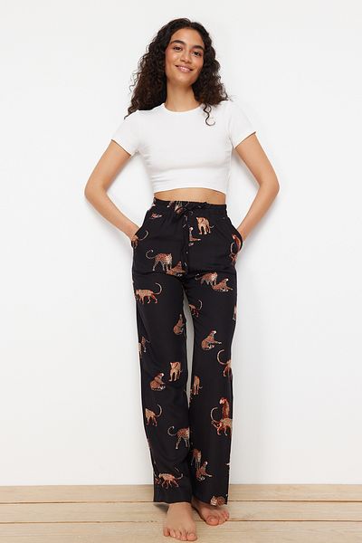 Trendyol Collection Fekete állatmintás viszkóz szőtt pizsama alsó THMSS24PJ00031