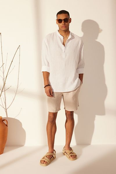 Trendyol Collection Prémium fehér 100% vászon - Magánnyakú félcipős ing TMNSS24GO00057
