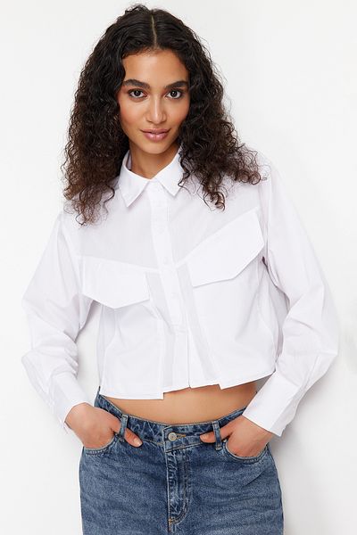 Trendyol Collection Екрю ткана сорочка оверсайз широкого крою з великими кишенями TWOSS24GO00080