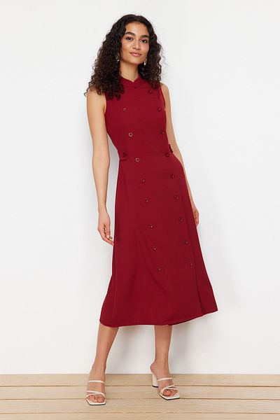Trendyol Collection Rochie jachetă țesută cu guler șef cu nasturi bordeaux TWOAW24EL00422