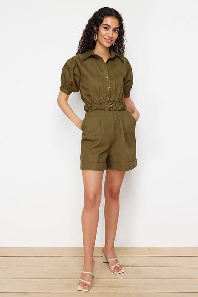 Trendyol Collection Khaki Belted Shirt Collar Gabardine Mini Woven Jumpsuit TWOSS21TU0238