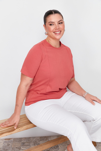 Trendyol Curve Basic Brick Color 100% Cotton Knitted T-shirt - TBBSS24BF00040 with Stitching Detail