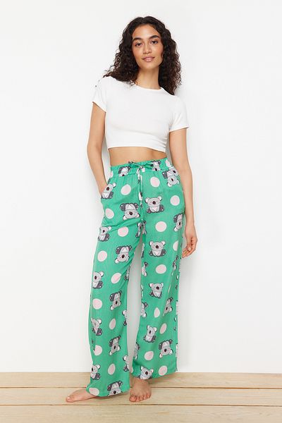 Trendyol Collection Zöld-többszínű állatmintás viszkóz szőtt pizsama alsó THMSS24PJ00033