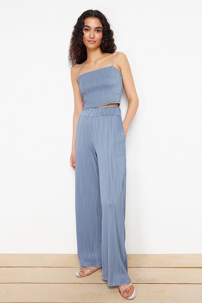 Trendyol Collection Πλεκτό παντελόνι Indigo με υφή Premium φαρδύ πόδι/φαρδύ πόδι TWOSS24PL00070