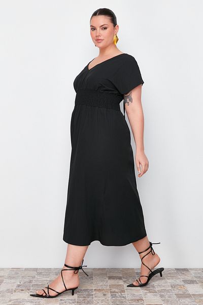 Trendyol Curve Black V-Neck Gathered Waist Woven Dress TBBSS24AH00071