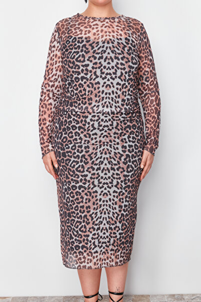Trendyol Curve Vícebarevné leopardí tylové midi pletené šaty TBBSS24AH00058