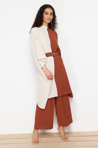 Trendyol Modest Κουστούμι υφαντό με ζώνη με ζώνη κανέλας - παντελόνι TCTSS23US00046
