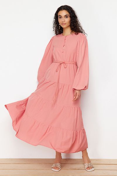 Trendyol Modest Λεπτομερές υφασμένο φόρεμα με αποξηραμένο τριαντάφυλλο και γραβάτα μέσης TCTSS24EB00163