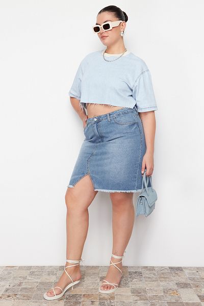 Trendyol Curve Fustă creion din denim albastru deschis cu talie înaltă TBBSS23AZ00006