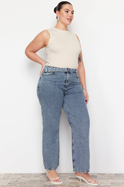 Trendyol Curve Modré džíny s vysokým pasem a širokým střihem velké velikosti TBBAW24CJ00008