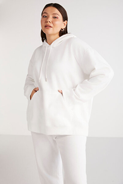 ETHIQUET Terezabb Hanorac alb de mărime mare, cu glugă, cu buzunar cangur, pentru femei