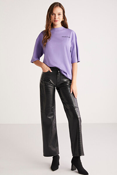 ETHIQUET Kalısta Women's 100% Organic Cotton Oversize Back and Front Floral Printed Round Collar Purple T-Shirt