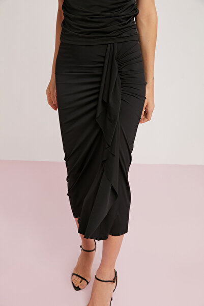 ETHIQUET Melında Women's Knitted Black Pencil Skirt with Drape Detail that Fits the Body Completely