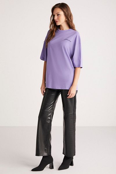 ETHIQUET Kalısta Women's 100% Organic Cotton Oversize Back and Front Floral Printed Round Collar Purple T-Shirt